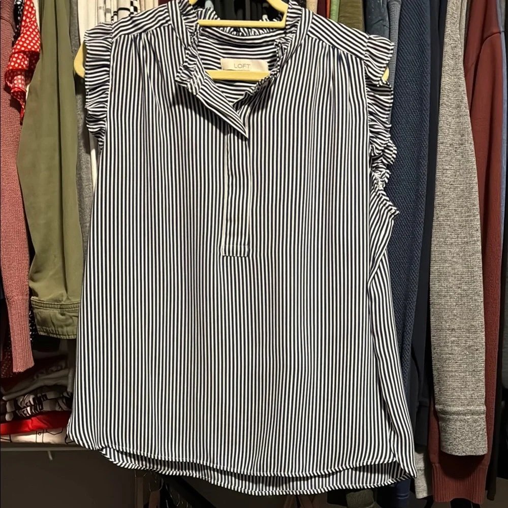 LOFT Blue and White Flutter Sleeve Blouse - Picture 1 of 4